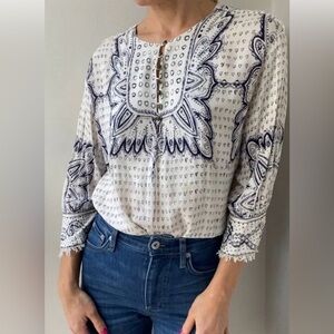 Antropologie Maeve Morgan Heart Print Fringe Raw Edge Top
